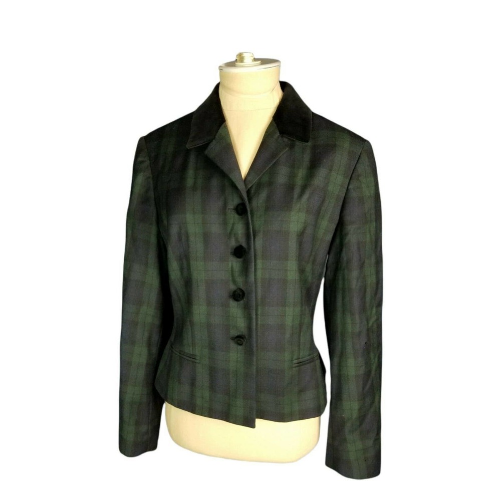 Vintage Laura Ashley 100% Wool Blue/Gr Gingham Plaid VelvetCollar Blazer Size 6
